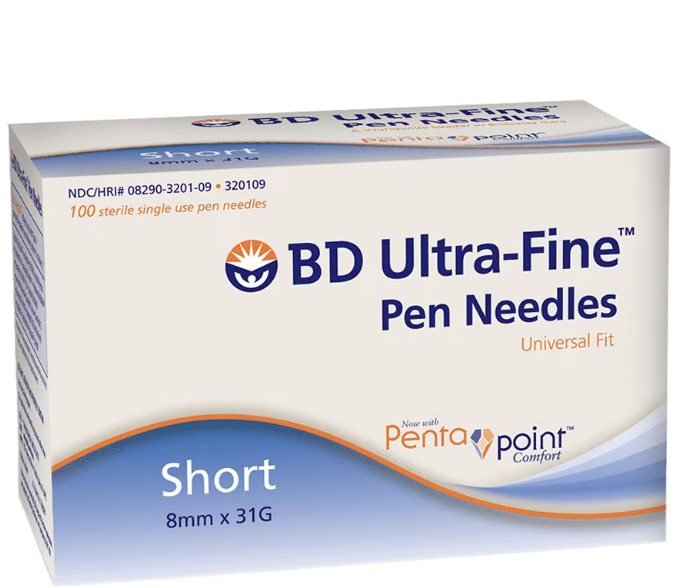 A sealed box of BD Ultra-Fine short pen needles, 8mm 31 gauge, 100 count
