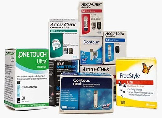 Test strip boxes from the brands we buy: OneTouch, Accu-Chek, Contour, True Metrix and FreeStyle