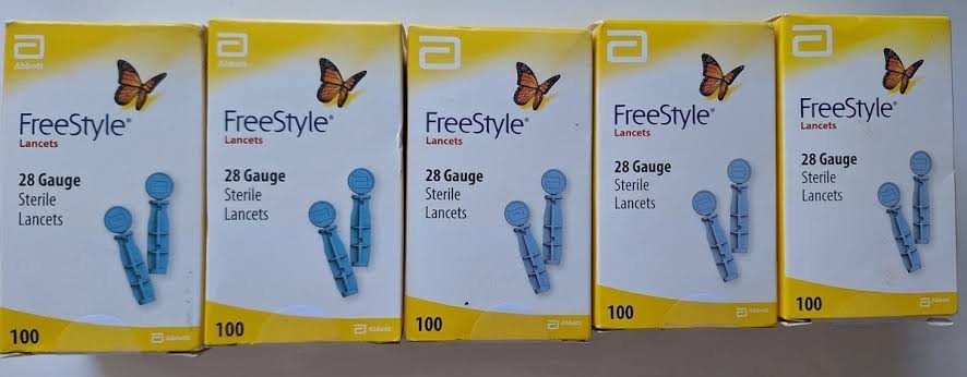 Five sealed boxes of FreeStyle 28 gauge sterile lancets, 100 count each