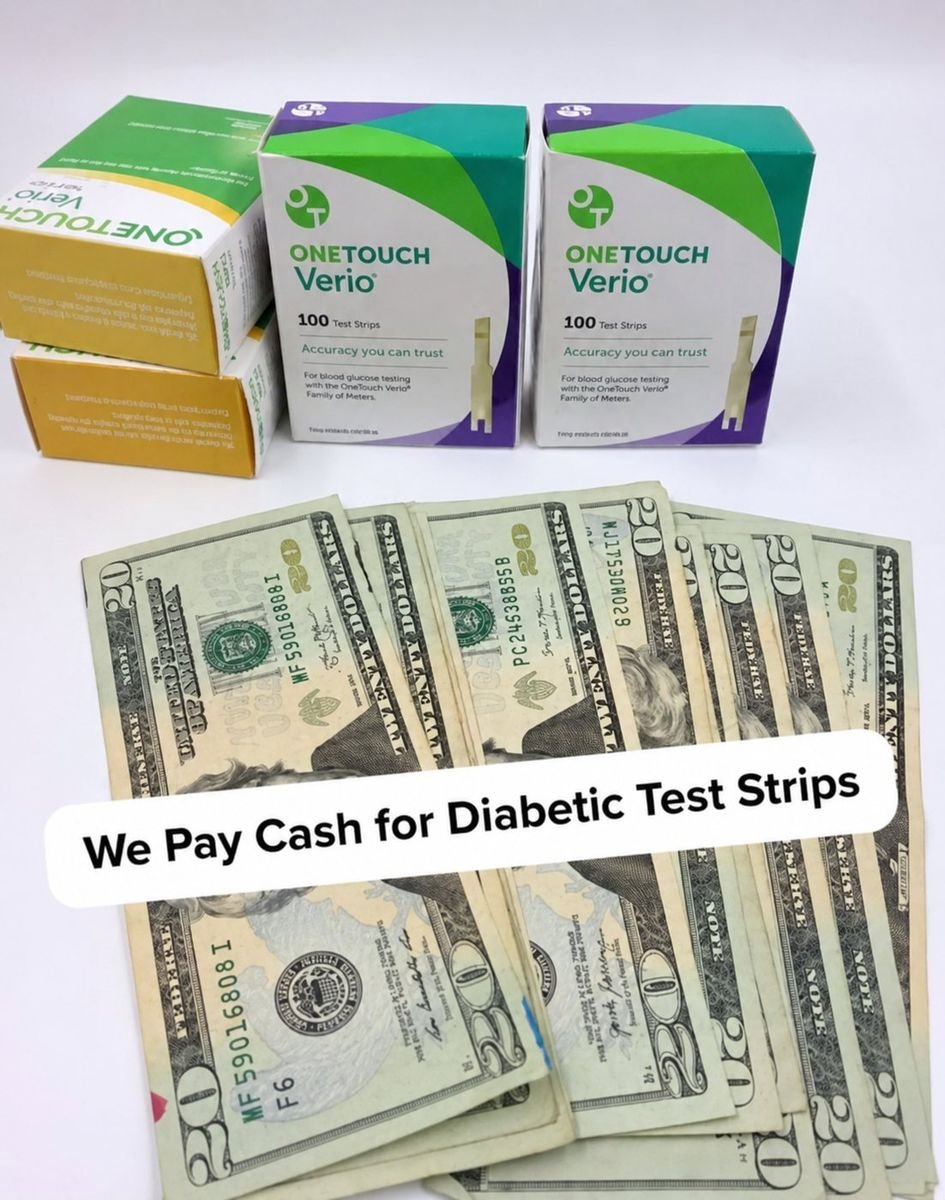 Sealed OneTouch Verio 100-count test strip boxes beside cash paid out
